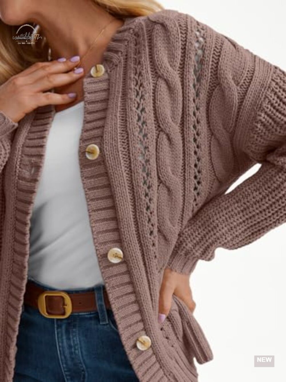 LILLUSORY Women Cable Knit Cardigan Sweater Cotton Button Up Chunky Crochet - Picture 4 of 4
